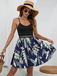 SHEIN VCAY Tropical Print Guipure Lace Insert Cami Dress - Multicolor - View 5