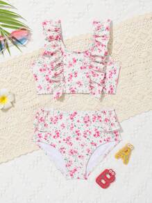 女婴碎花印花荷叶边沙滩装夏季海滩装 - 彩色 - 查看 1