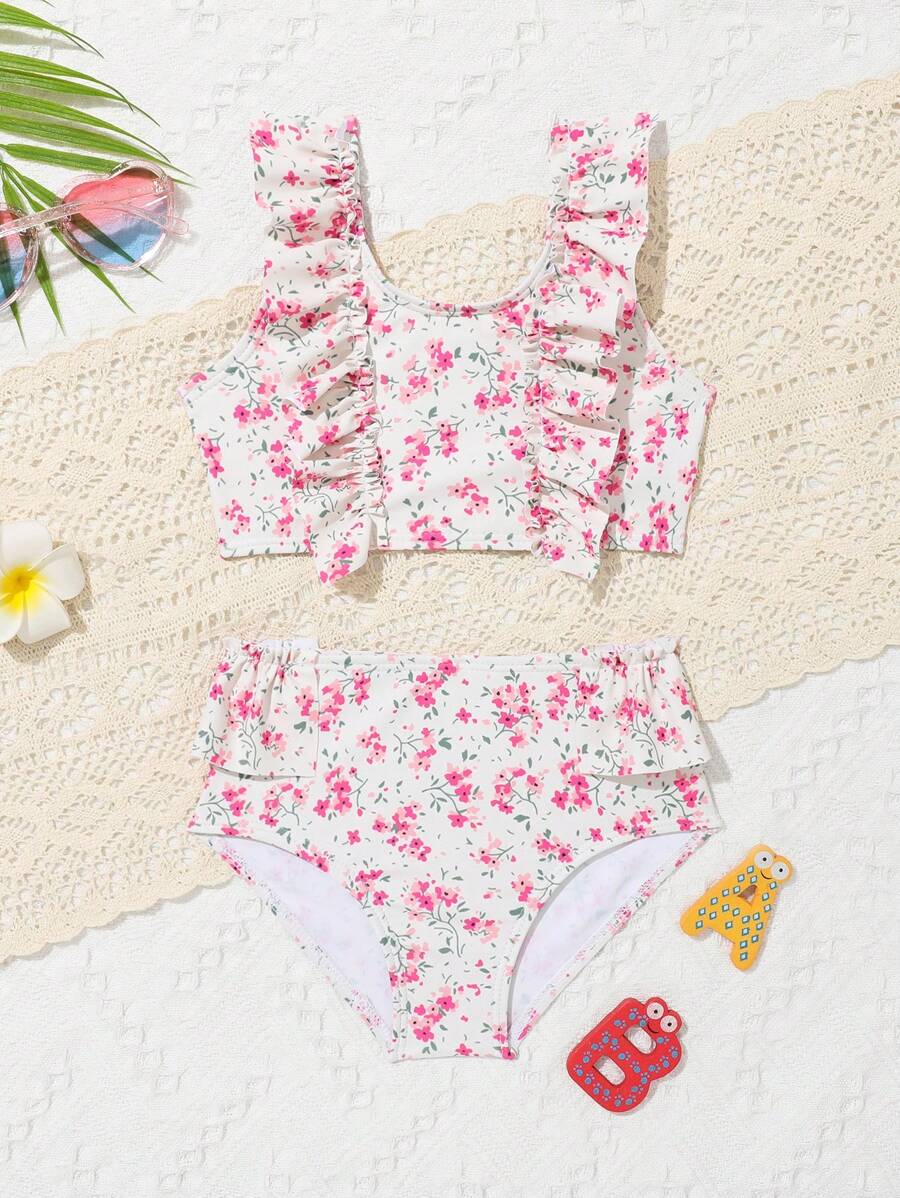 女婴碎花印花荷叶边沙滩装夏季海滩装 - 彩色 - 查看 1