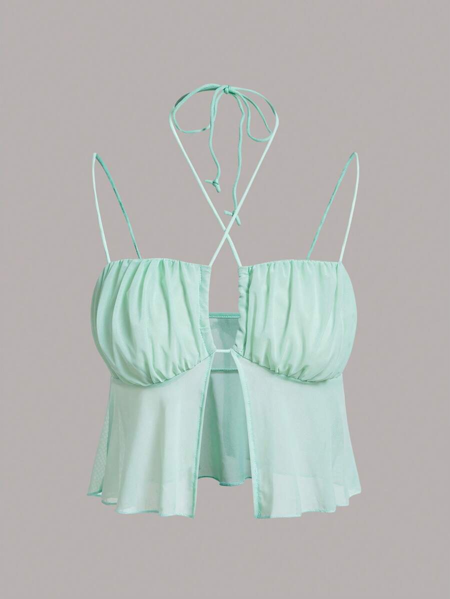 SHEIN ICON Solid Ruched Bust Split Front Cami Top - Mint Green - View 1