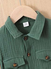 SHEIN 男嬰翻蓋口袋前紐扣襯衫連體短褲 - 墨綠色 - 查看 4