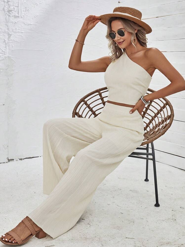 SHEIN Holidaya ไหล่ข้างเดียว เสื้อครอปท็อป & กางเกงขากว้าง - สีแอปริคอท - ดู 3