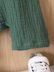 SHEIN 男嬰翻蓋口袋前紐扣襯衫連體短褲 - 墨綠色 - 查看 6