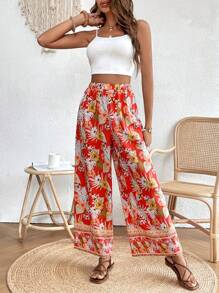 SHEIN VCAY Solid Crop Cami Top & Tropical Print Wide Leg Trousers - Multicolor - View 1