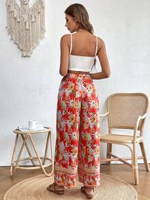SHEIN VCAY Solid Crop Cami Top & Tropical Print Wide Leg Trousers - Multicolor - View 2