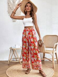 SHEIN VCAY Solid Crop Cami Top & Tropical Print Wide Leg Trousers - Multicolor - View 4