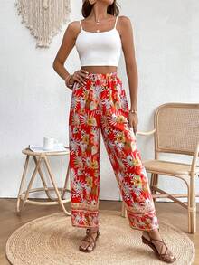 SHEIN VCAY Solid Crop Cami Top & Tropical Print Wide Leg Trousers - Multicolor - View 5