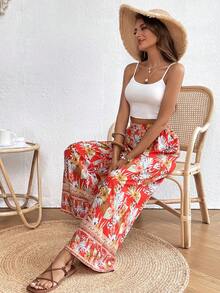 SHEIN VCAY Solid Crop Cami Top & Tropical Print Wide Leg Trousers - Multicolor - View 6