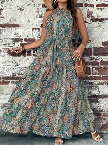 SHEIN VCAY Váy yếm thắt lưng họa tiết Paisley cỡ lớn có viền xếp nếp - màu xanh lá - Xem 2