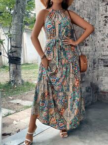 SHEIN VCAY Váy yếm thắt lưng họa tiết Paisley cỡ lớn có viền xếp nếp - màu xanh lá - Xem 5