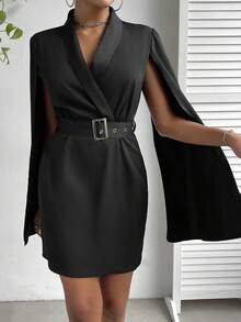 SHEIN Privé 青果領斗篷袖連衣裙 - 黑色 - 查看 6