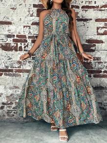 SHEIN VCAY Váy yếm thắt lưng họa tiết Paisley cỡ lớn có viền xếp nếp - màu xanh lá - Xem 1
