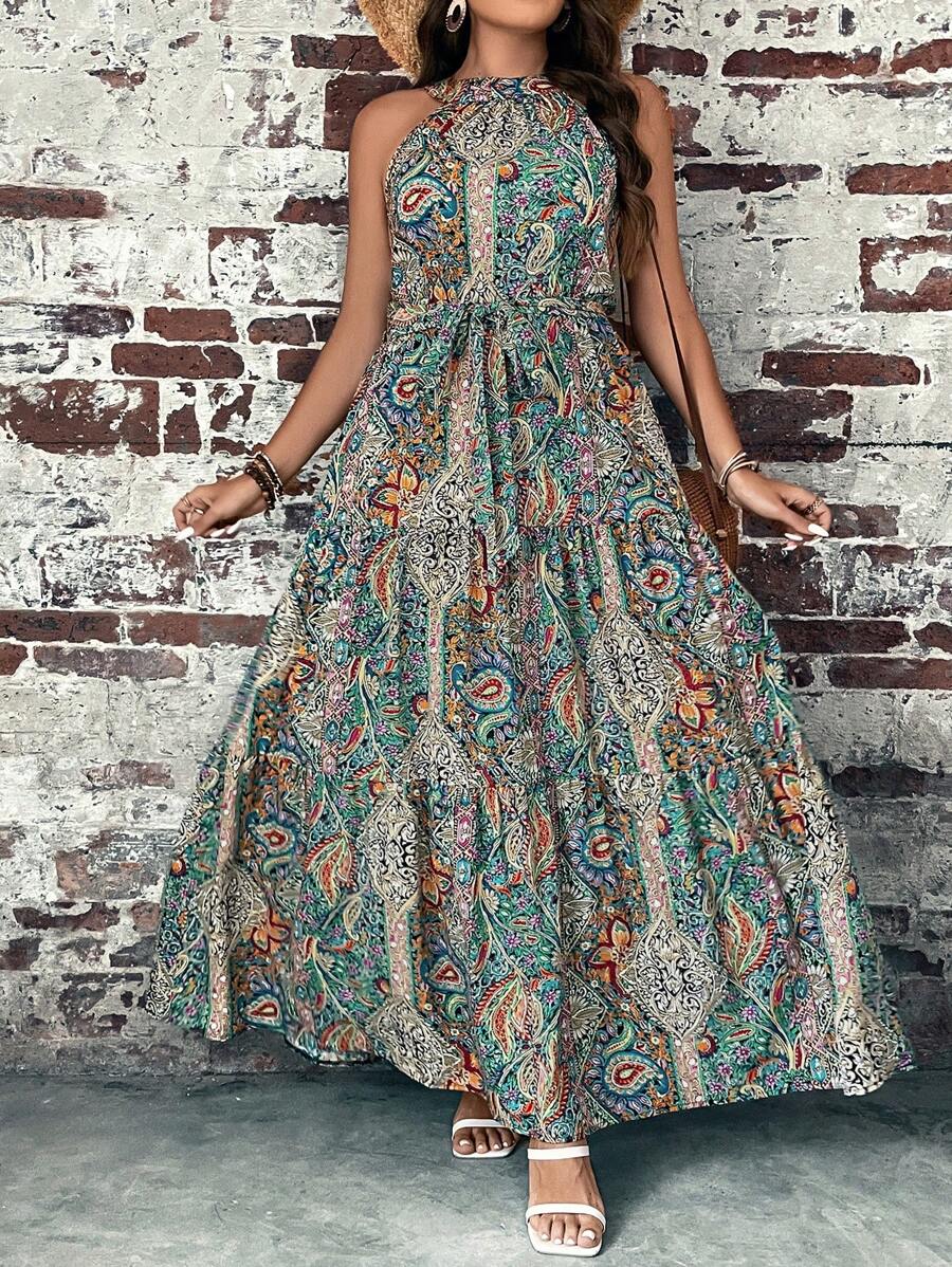 SHEIN VCAY Váy yếm thắt lưng họa tiết Paisley cỡ lớn có viền xếp nếp - màu xanh lá - Xem 1