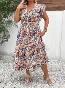 SHEIN LUNE 大碼佩斯利印花蝴蝶袖荷葉邊繫腰帶連衣裙 - 卡其色 - 查看 1