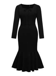 SHEIN Clasi Plus Square Neck Knot Front Mermaid Hem Bodycon Dress - Black - View 1