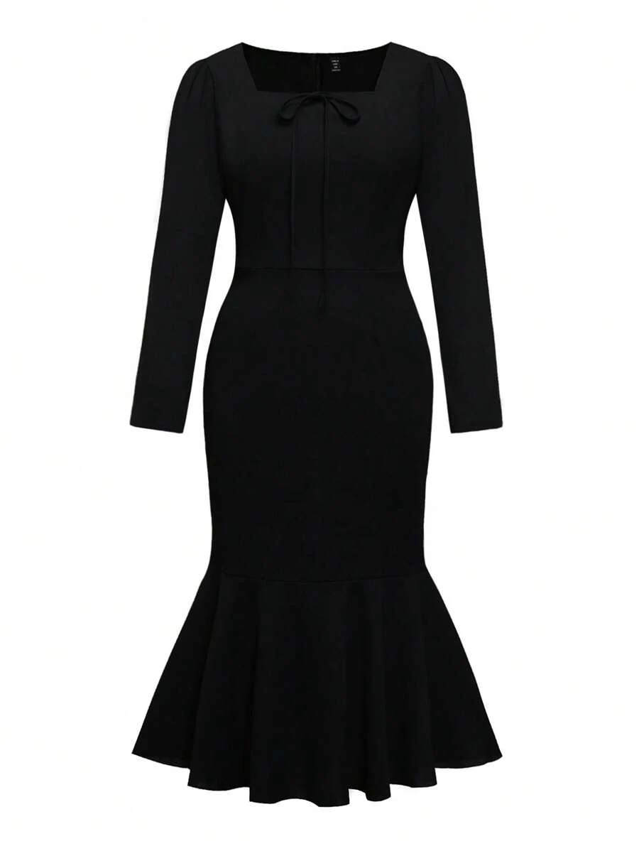 SHEIN Clasi Plus Square Neck Knot Front Mermaid Hem Bodycon Dress - Black - View 1