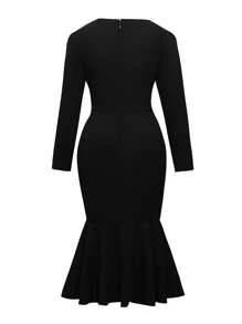 SHEIN Clasi Plus Square Neck Knot Front Mermaid Hem Bodycon Dress - Black - View 2