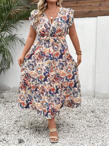 SHEIN LUNE 大碼佩斯利印花蝴蝶袖荷葉邊繫腰帶連衣裙 - 卡其色 - 查看 6