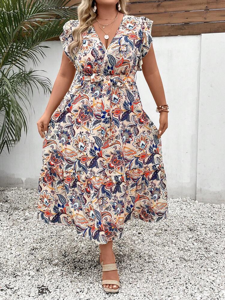 SHEIN LUNE Đầm Plus Size Thắt lưng Xù Viên lá sen Paisley Boho - Màu Khaki - Xem 6