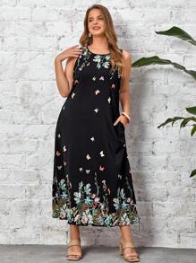 EMERY ROSE Vestido túnico con estampado floral con mariposa - Negro - Ver 5