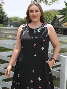 EMERY ROSE Vestido túnico con estampado floral con mariposa - Negro - Ver 6