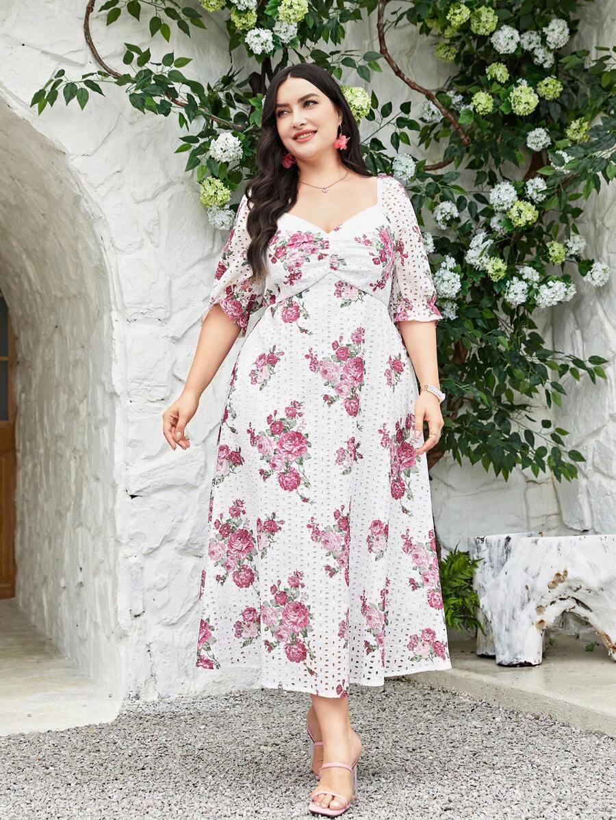 Mulvari Plus Floral Print Sweetheart Neck Puff Sleeve Dress - White - View 1