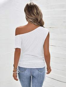 SHEIN Clasi 素色不對稱領側抽繩T恤 - 白色 - 查看 2