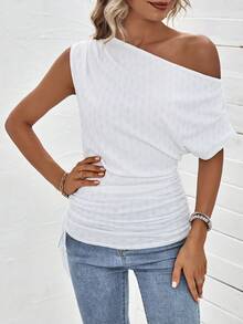 SHEIN Clasi 素色不對稱領側抽繩T恤 - 白色 - 查看 5