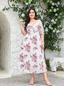 Mulvari Plus Floral Print Sweetheart Neck Puff Sleeve Dress - White - View 6