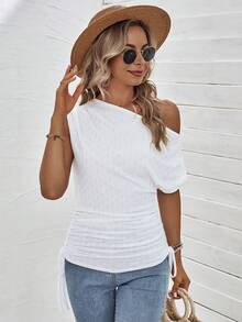 SHEIN Clasi 素色不對稱領側抽繩T恤 - 白色 - 查看 3