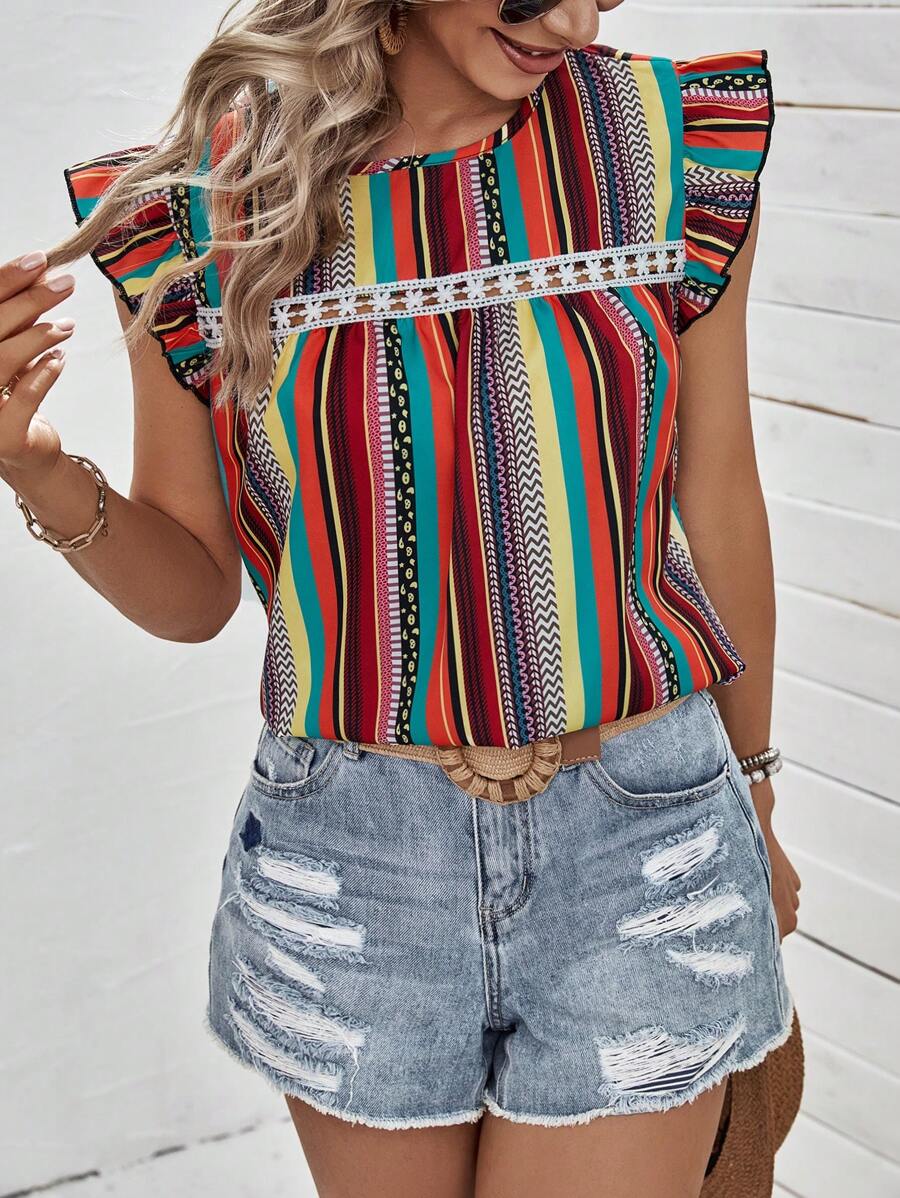 SHEIN VCAY Áo sơ mi nữ Xù Hình học Sọc Giải trí - Nhiều màu - Xem 1