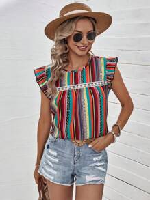 SHEIN VCAY Áo sơ mi nữ Xù Hình học Sọc Giải trí - Nhiều màu - Xem 3