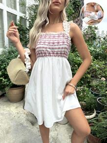 SHEIN Maternity 1pc Geo Embroidery Frill Trim Nursing Dress - Multicolor - View 1