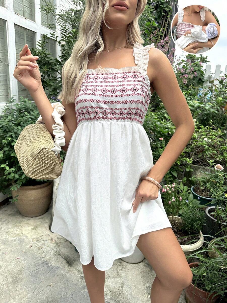 SHEIN Maternity 1pc Geo Embroidery Frill Trim Nursing Dress - Multicolor - View 1