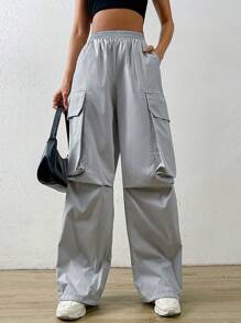 SHEIN Coolane 側翻蓋口袋工裝褲 - 灰色 - 查看 5