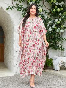 Al Najma Plus Floral Print Batwing Sleeve Dress Kaftan Jalabiya Dress - Pink - View 5