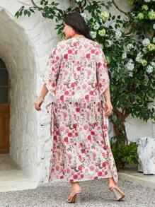 Al Najma Plus Floral Print Batwing Sleeve Dress Kaftan Jalabiya Dress - Pink - View 2