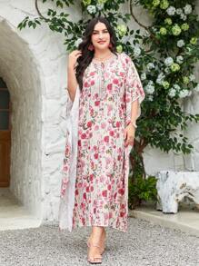 Al Najma Plus Floral Print Batwing Sleeve Dress Kaftan Jalabiya Dress - Pink - View 3