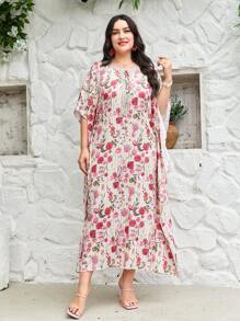 Al Najma Plus Floral Print Batwing Sleeve Dress Kaftan Jalabiya Dress - Pink - View 4