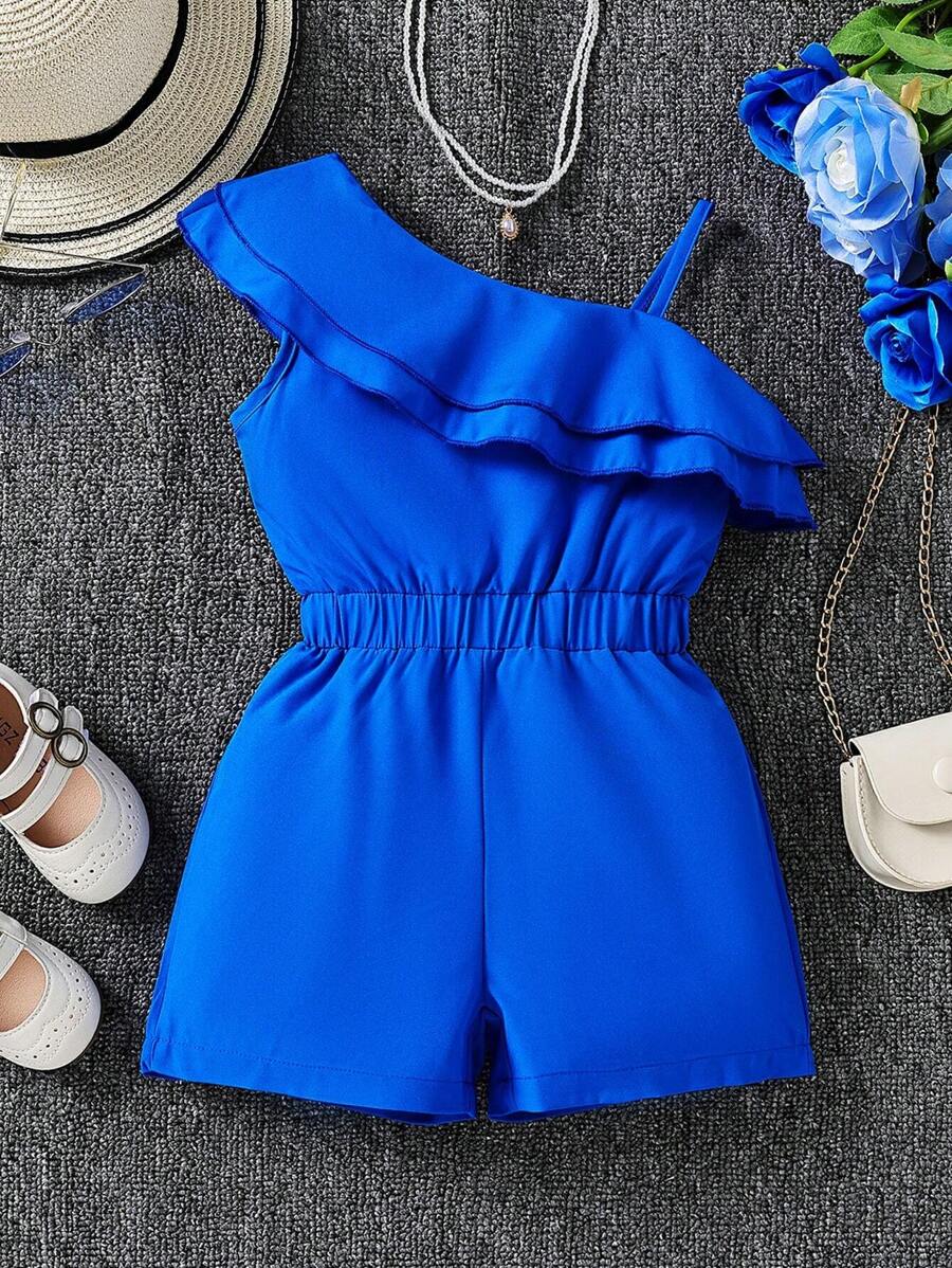 Young Girl Asymmetrical Neck Ruffle Trim Romper