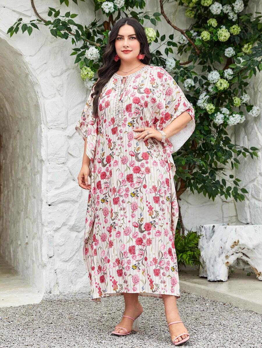 Al Najma Plus Floral Print Batwing Sleeve Dress Kaftan Jalabiya Dress - Pink - View 1