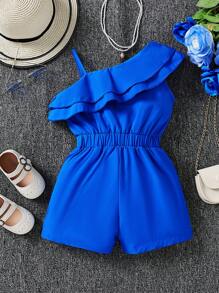 Young Girl Asymmetrical Neck Ruffle Trim Romper