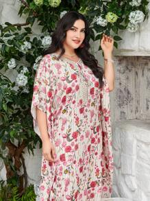 Al Najma Plus Floral Print Batwing Sleeve Dress Kaftan Jalabiya Dress - Pink - View 6
