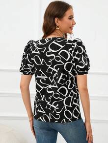 SHEIN Privé 滿版字母圖案泡泡袖襯衫 - 黑色 - 查看 2