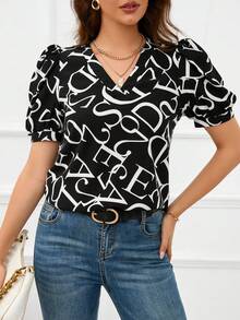 SHEIN Privé 滿版字母圖案泡泡袖襯衫 - 黑色 - 查看 3