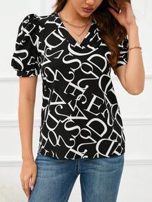 SHEIN Privé 滿版字母圖案泡泡袖襯衫 - 黑色 - 查看 4