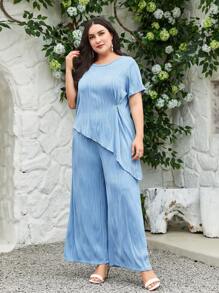 Mulvari Plus Asymmetrical Hem Tee & Wide Leg Trousers - Dusty Blue - View 4