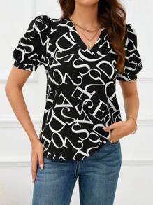 SHEIN Privé 滿版字母圖案泡泡袖襯衫 - 黑色 - 查看 6