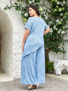 Mulvari Plus Asymmetrical Hem Tee & Wide Leg Trousers - Dusty Blue - View 2