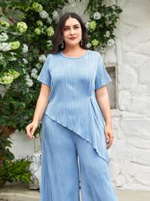 Mulvari Plus Asymmetrical Hem Tee & Wide Leg Trousers - Dusty Blue - View 3